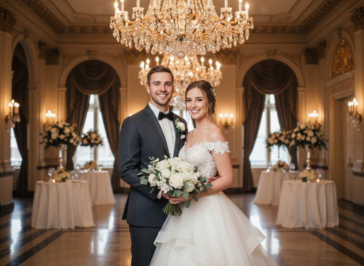 Ballroom wedding portrait with chandelier ambience