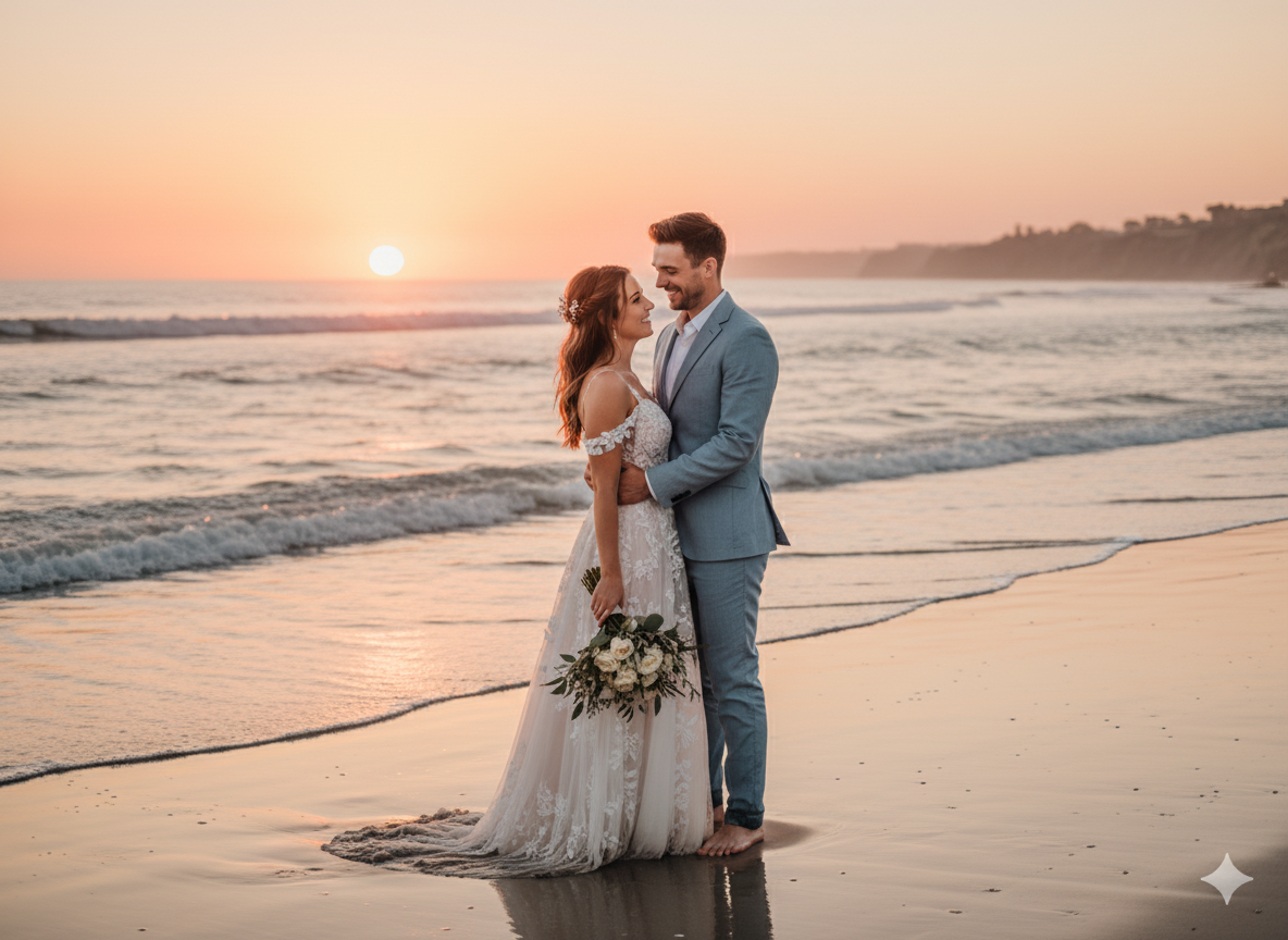 Beach sunset wedding portrait with sun‑kissed color