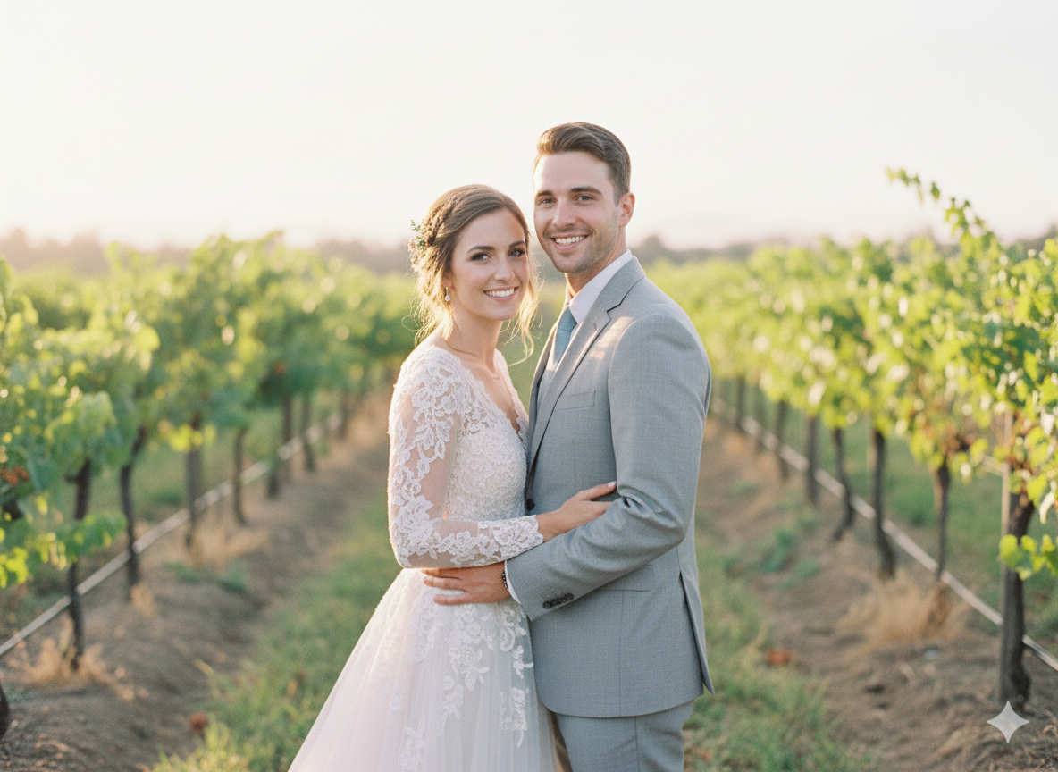 Film‑inspired wedding portrait with warm pastel tones