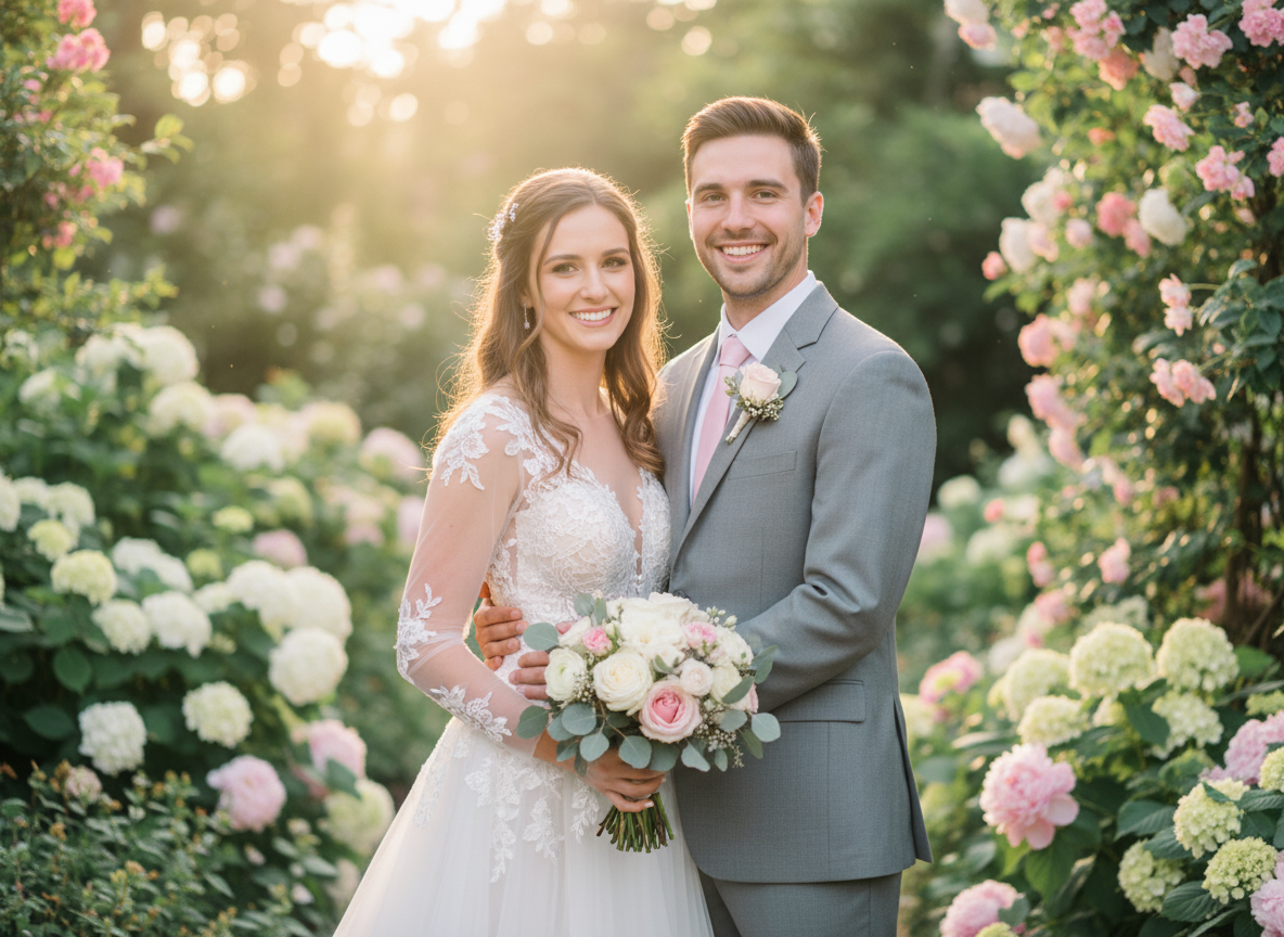 Garden romantic wedding portrait among lush florals